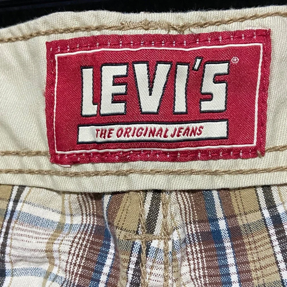 Levis Mens Plaid Cargo Shorts 37 Brown Blue Cotton Relaxed Fit Utility Hiking